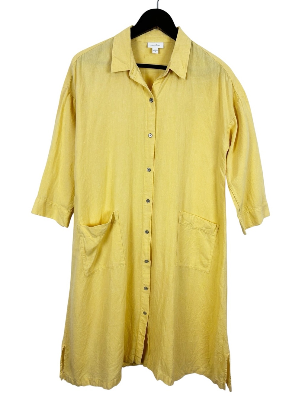Pure Jill Linen Butter Yellow Button Front Dress Women's Size Small Lagenlook
